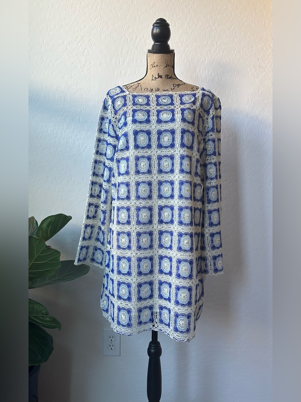 NWT Chelsea & Violet Twiggy Blue Granny Square Crochet Shift Dress Size XL